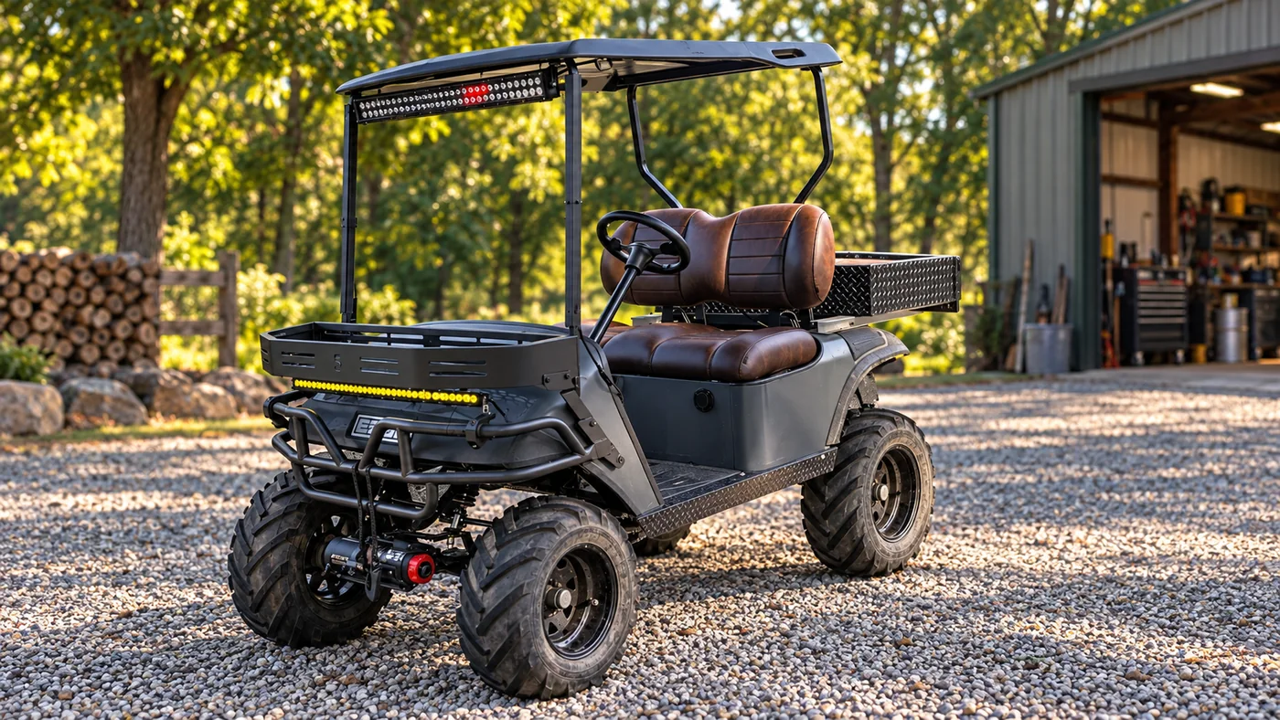 The finished E-Z-GO: lifted, on 22-inch tires, with the push bar, winch and diamond-plate dump bed