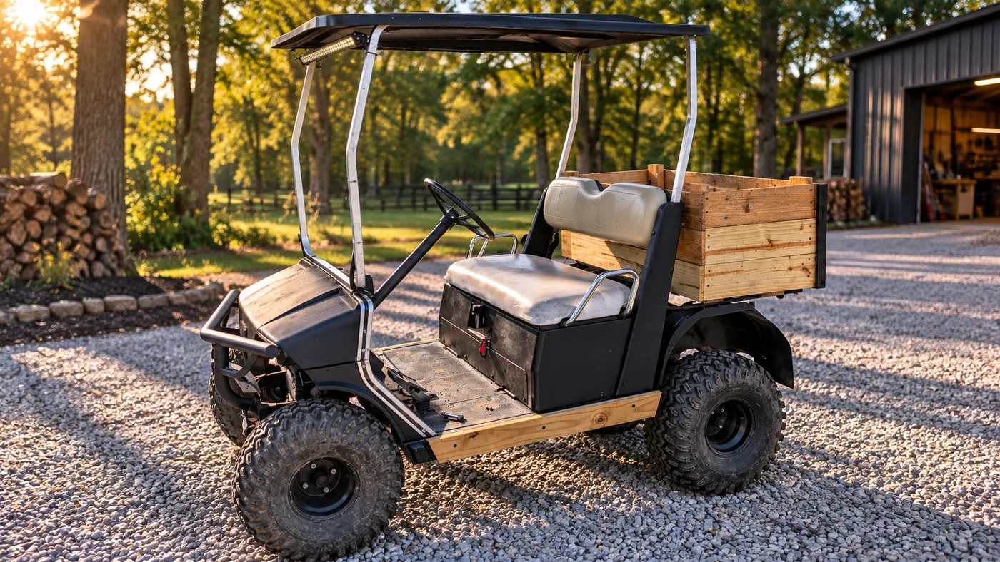 The finished Yamaha in flat black with the wooden cargo box, light bar and 22-inch tires